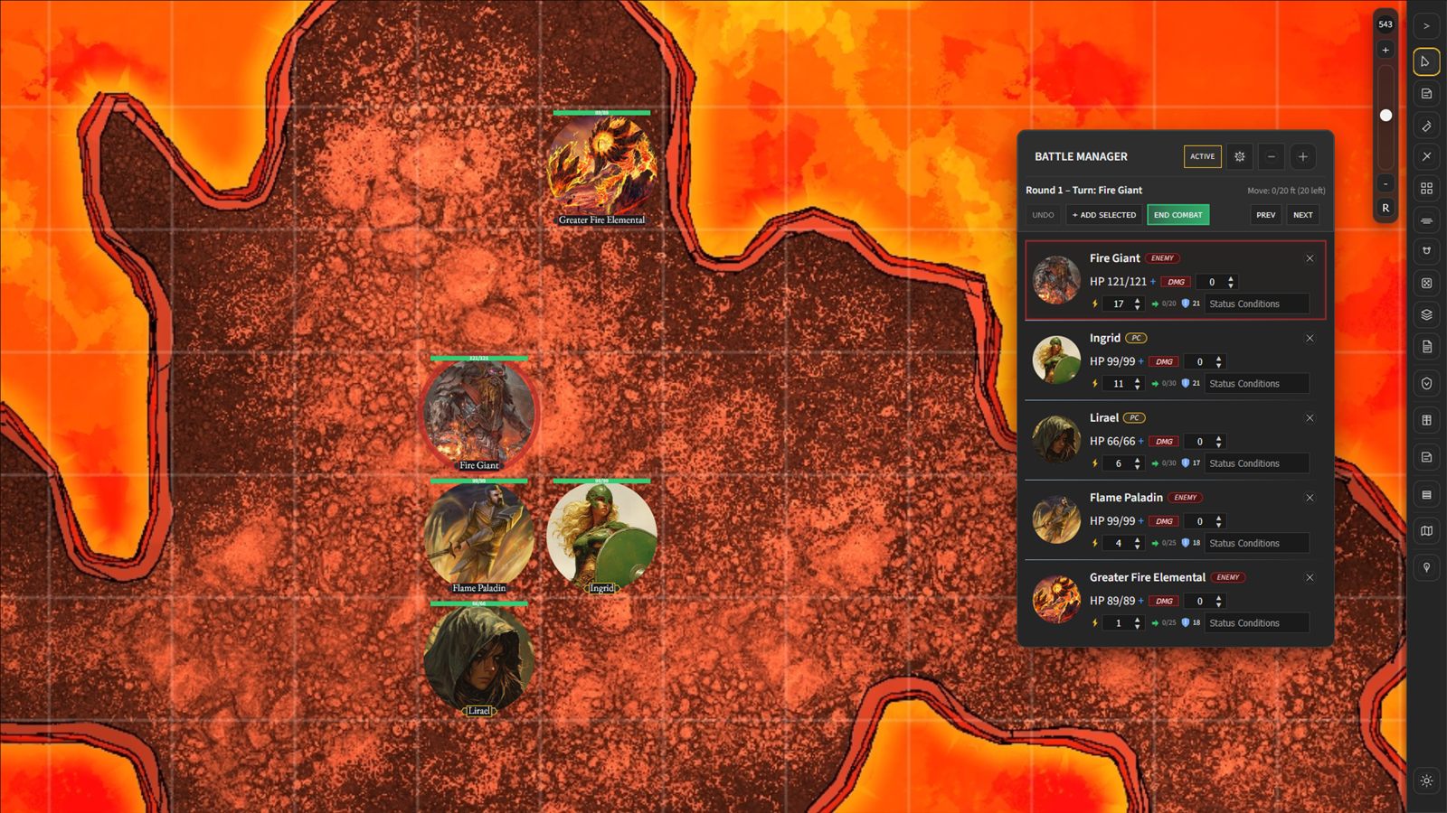 Wilds Battle Manager beside tokens on a gridded encounter map