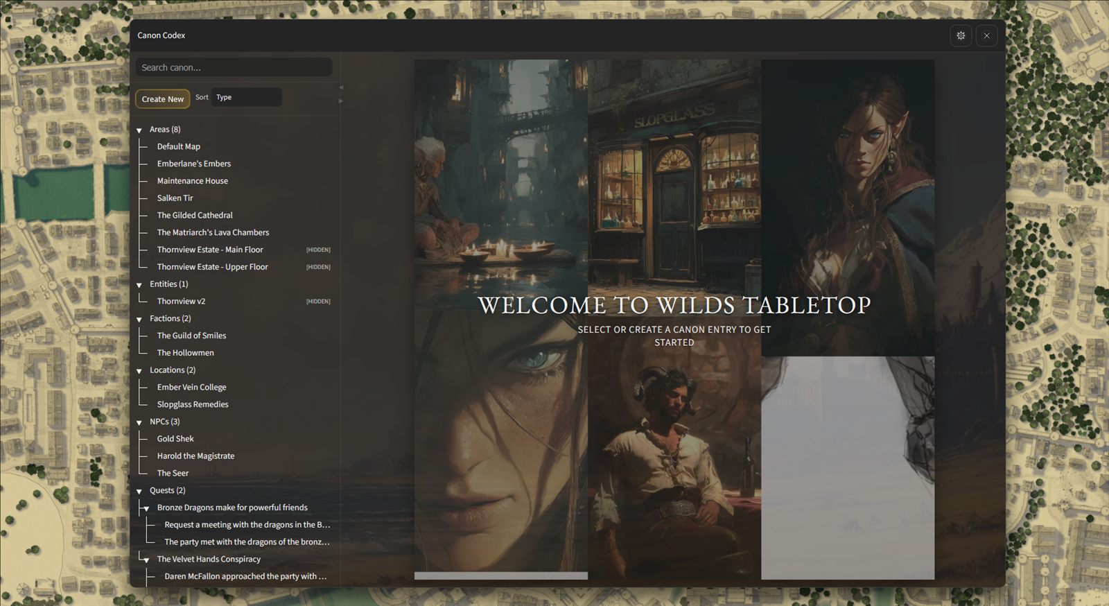 Canon Codex campaign workspace with lore, locations and characters